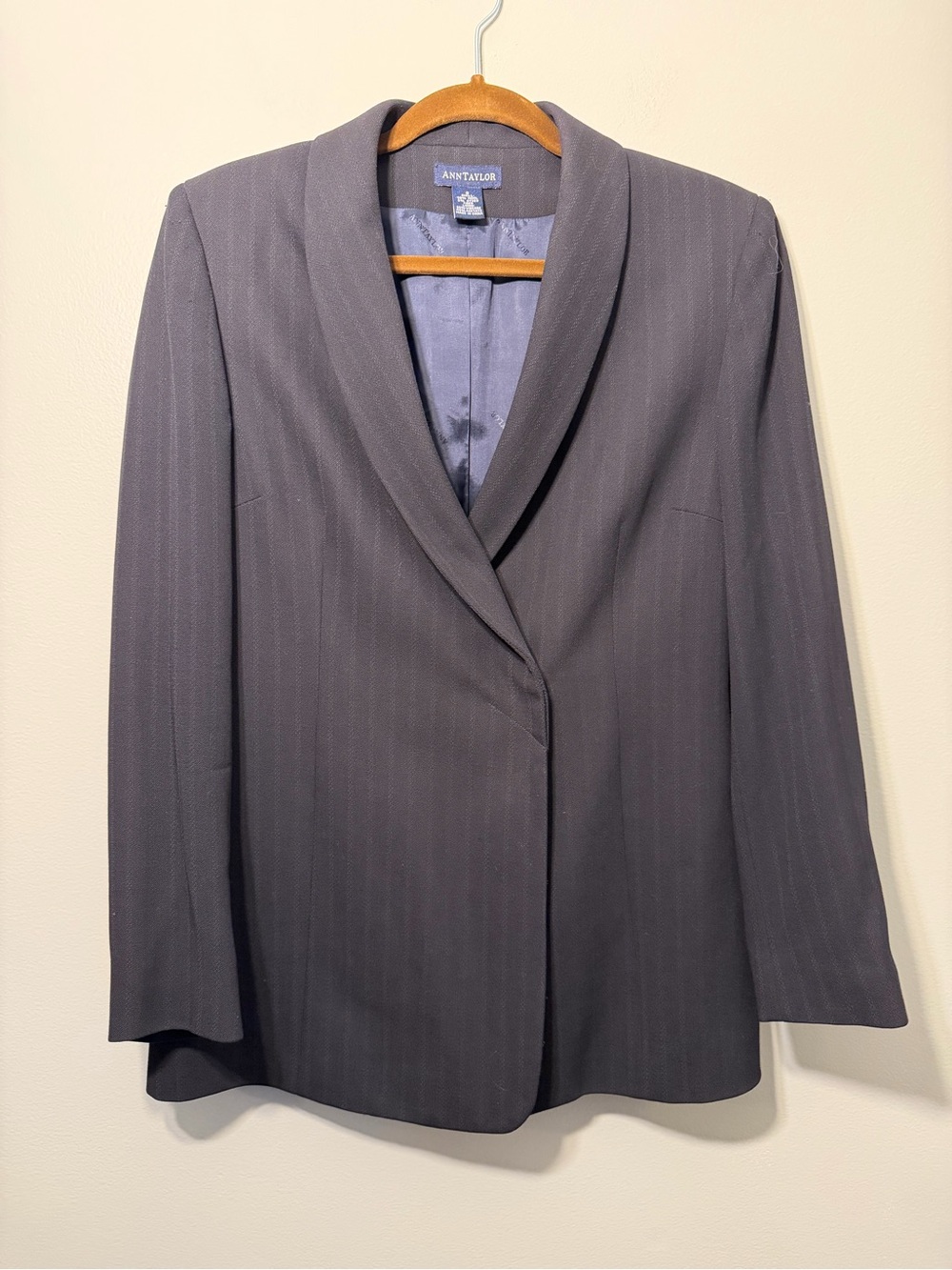 Ann Taylor Navy Pinstripe Shawl-Collar Blazer